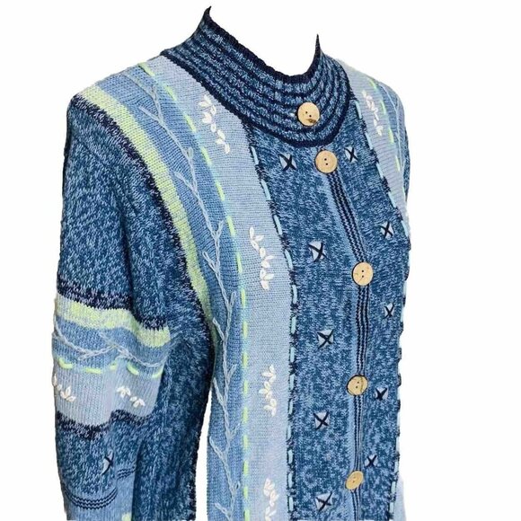 Norm Thompson Embroidered Cardigan Sweater Small Blue Button Up Winter Layering - Picture 7 of 16